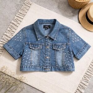 Y2k Vintage Platinum Plush XL Cropped Denim Jacket Rhinestone Embellished Bolero